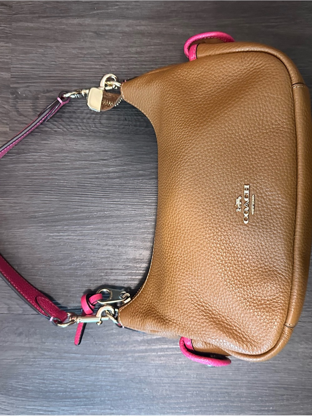 Coach Pebbled Leather Shoulder Bag in Brown with Pink Trim